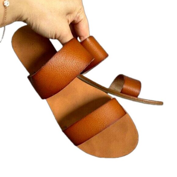 Flat Brown 2-Strap Sandals - 5 - Picture 1 of 4